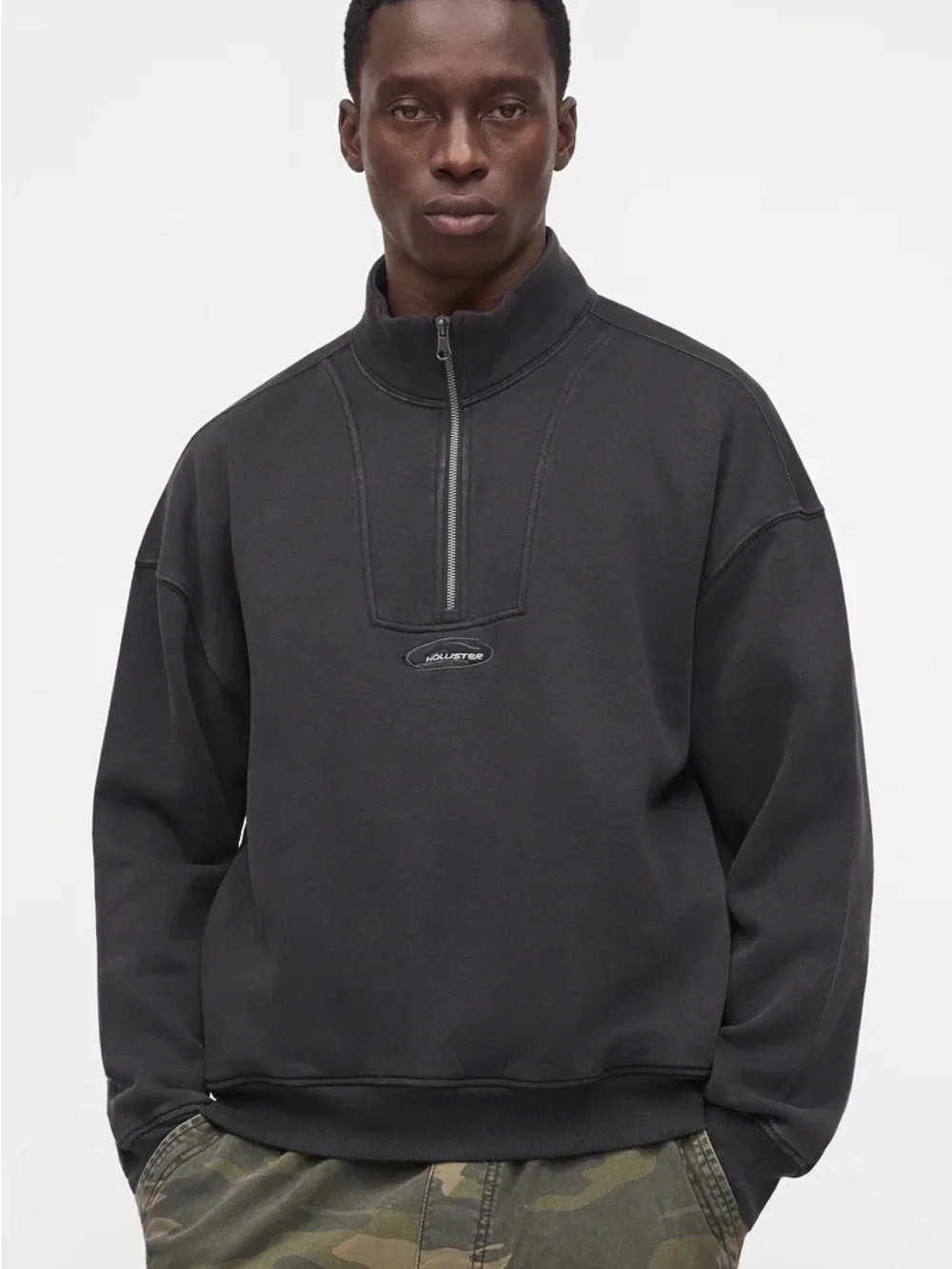Hollister Men's Charcoal Zip-Neck Fleece Pullover